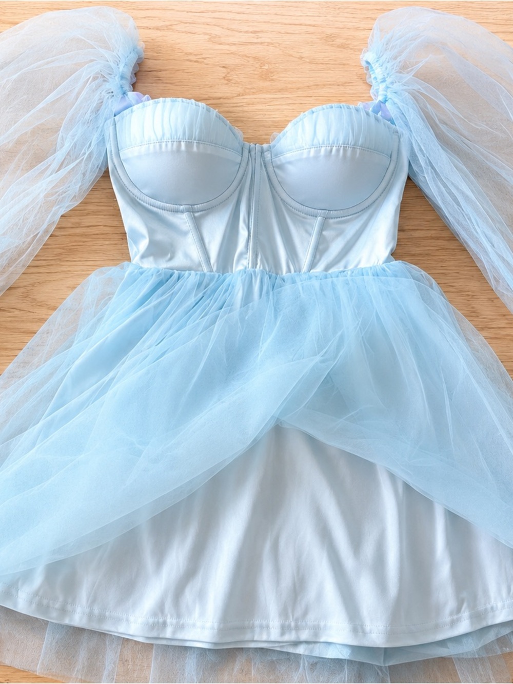 Blue Mesh Puff-Sleeve Mini Dress - Picture 4 of 6